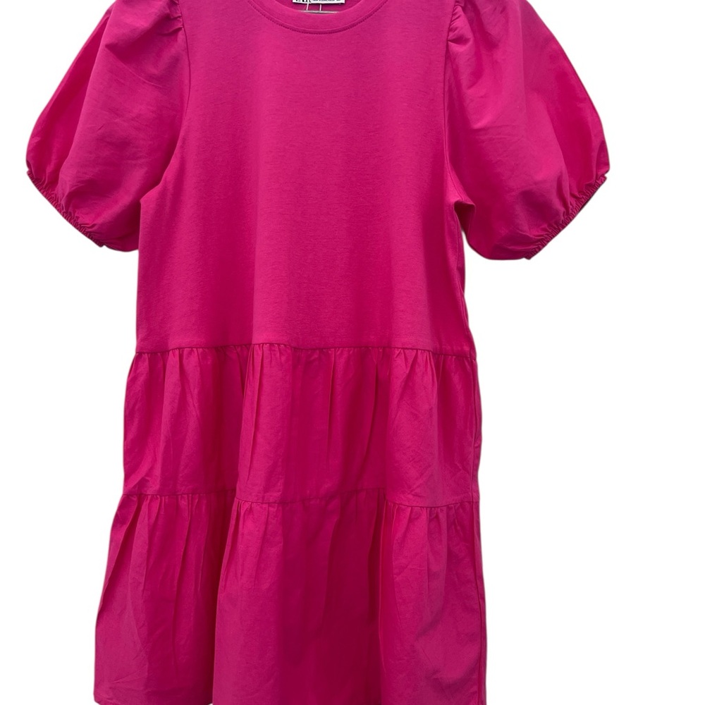Zara Hot Pink Puff Sleeve Tiered Dress XS Pink Bubble Short Dress Casual Summer - Picture 6 of 6